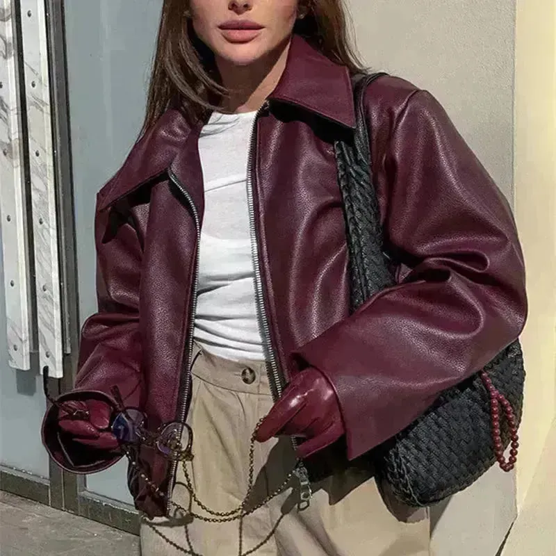 Fashioned Oversized zipper Lapel Leather coat jacket for women