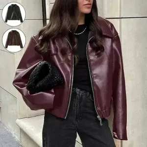 Fashioned Oversized zipper Lapel Leather coat jacket for women