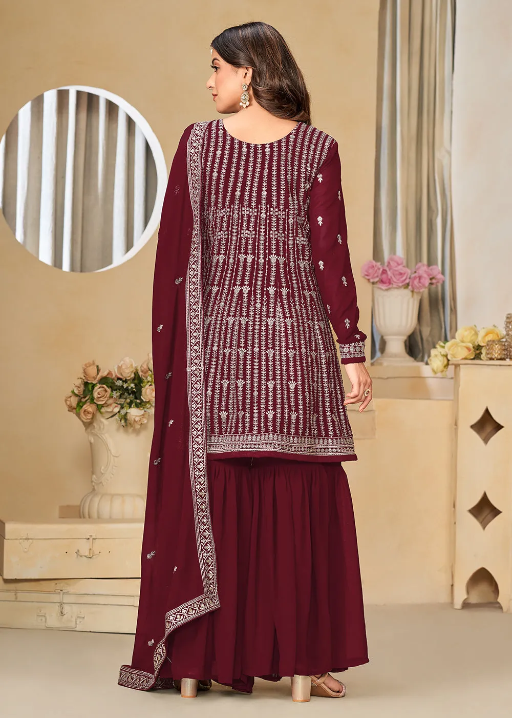 Faux Georgette Maroon Embroidered Gharara Style Suit