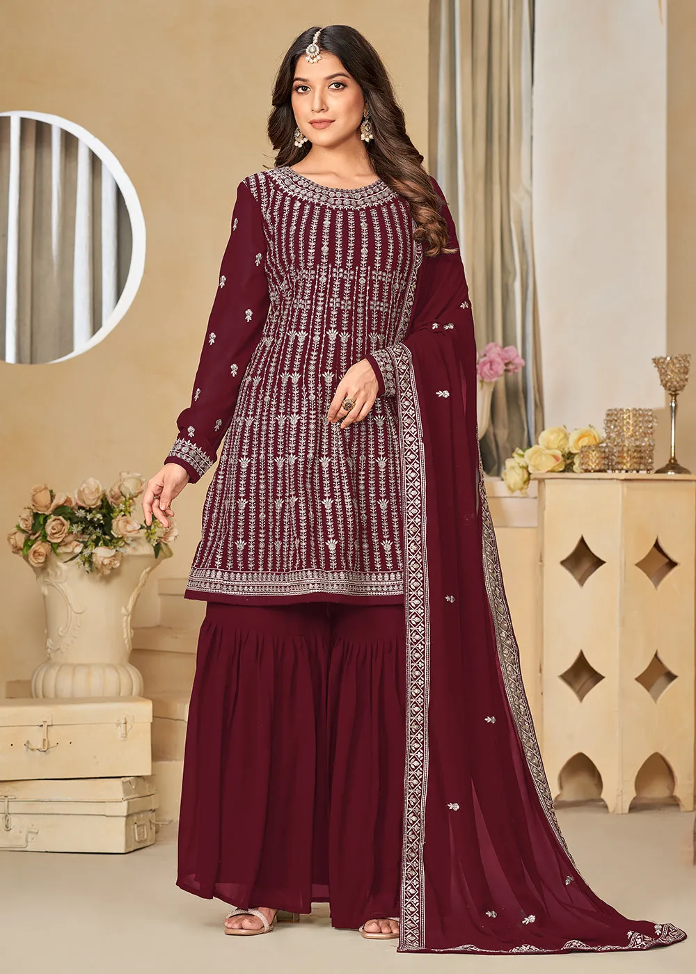 Faux Georgette Maroon Embroidered Gharara Style Suit