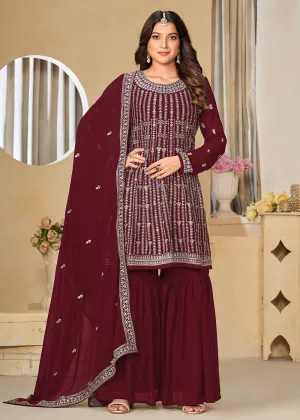 Faux Georgette Maroon Embroidered Gharara Style Suit