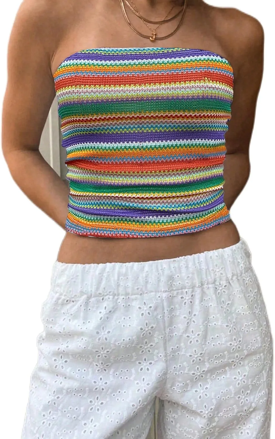 Floerns Women's Beach Vacation Boho Striped Sleeveless Bandeau Summer Strapless Crop Knit Tube Top