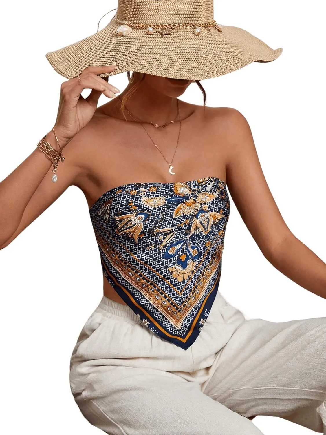 Floerns Women's Graphic Print Tie Back Strapless Bandana Tube Top