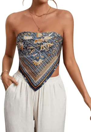 Floerns Women's Graphic Print Tie Back Strapless Bandana Tube Top