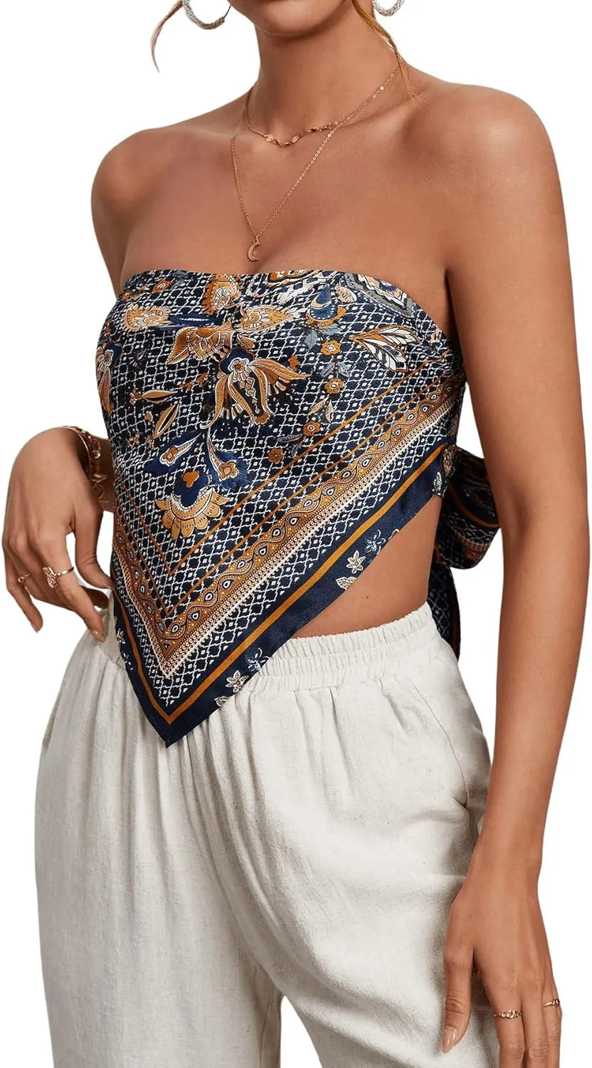 Floerns Women's Graphic Print Tie Back Strapless Bandana Tube Top