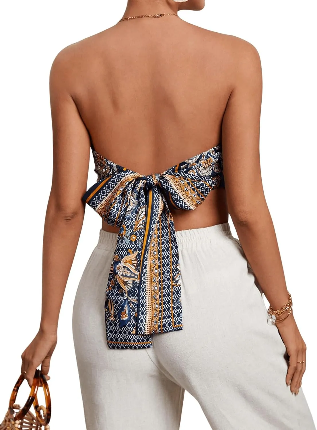 Floerns Women's Graphic Print Tie Back Strapless Bandana Tube Top