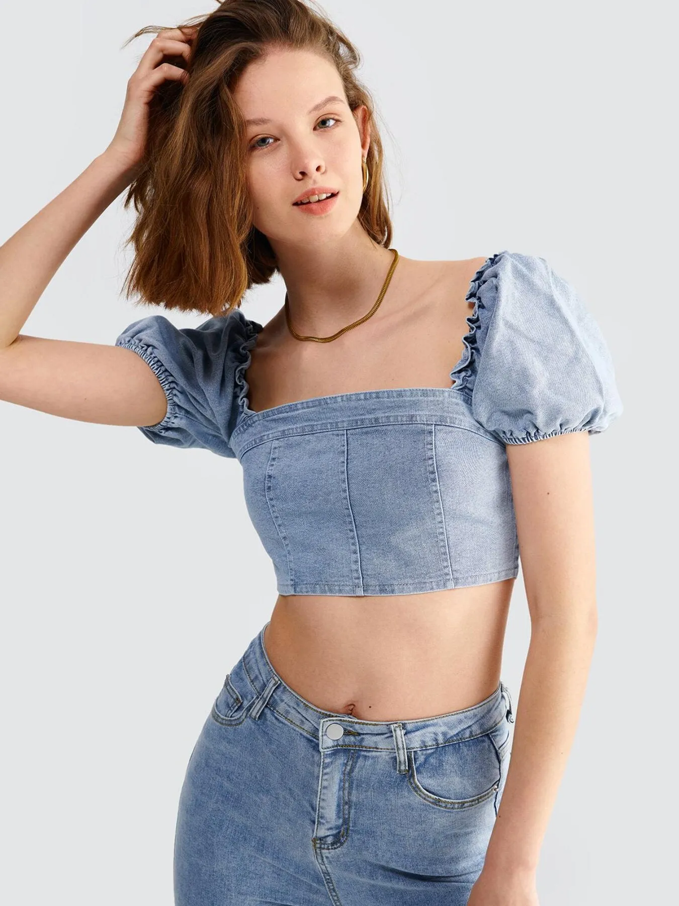 Frill Zipper Puff Sleeve Crop Denim Top