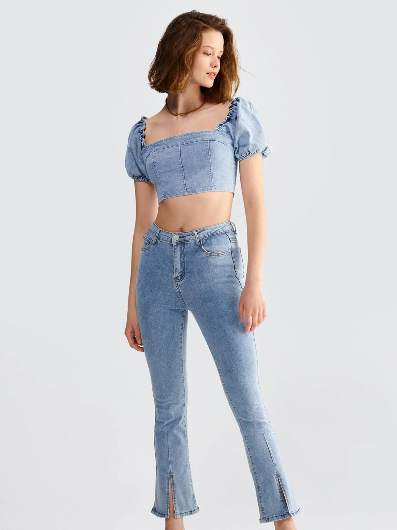 Frill Zipper Puff Sleeve Crop Denim Top