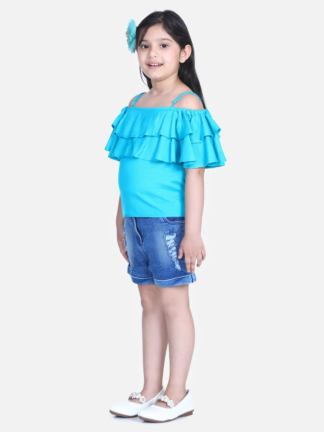 Girl's  Fuchsia Pink Cold Shoulder Top With Denim Shorts - StyleStone Kid