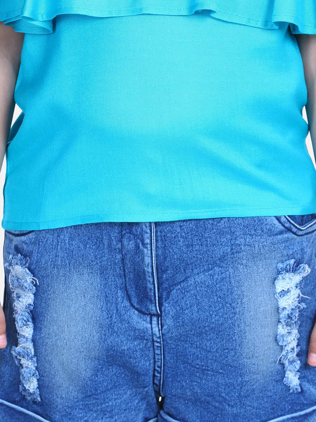 Girl's  Fuchsia Pink Cold Shoulder Top With Denim Shorts - StyleStone Kid