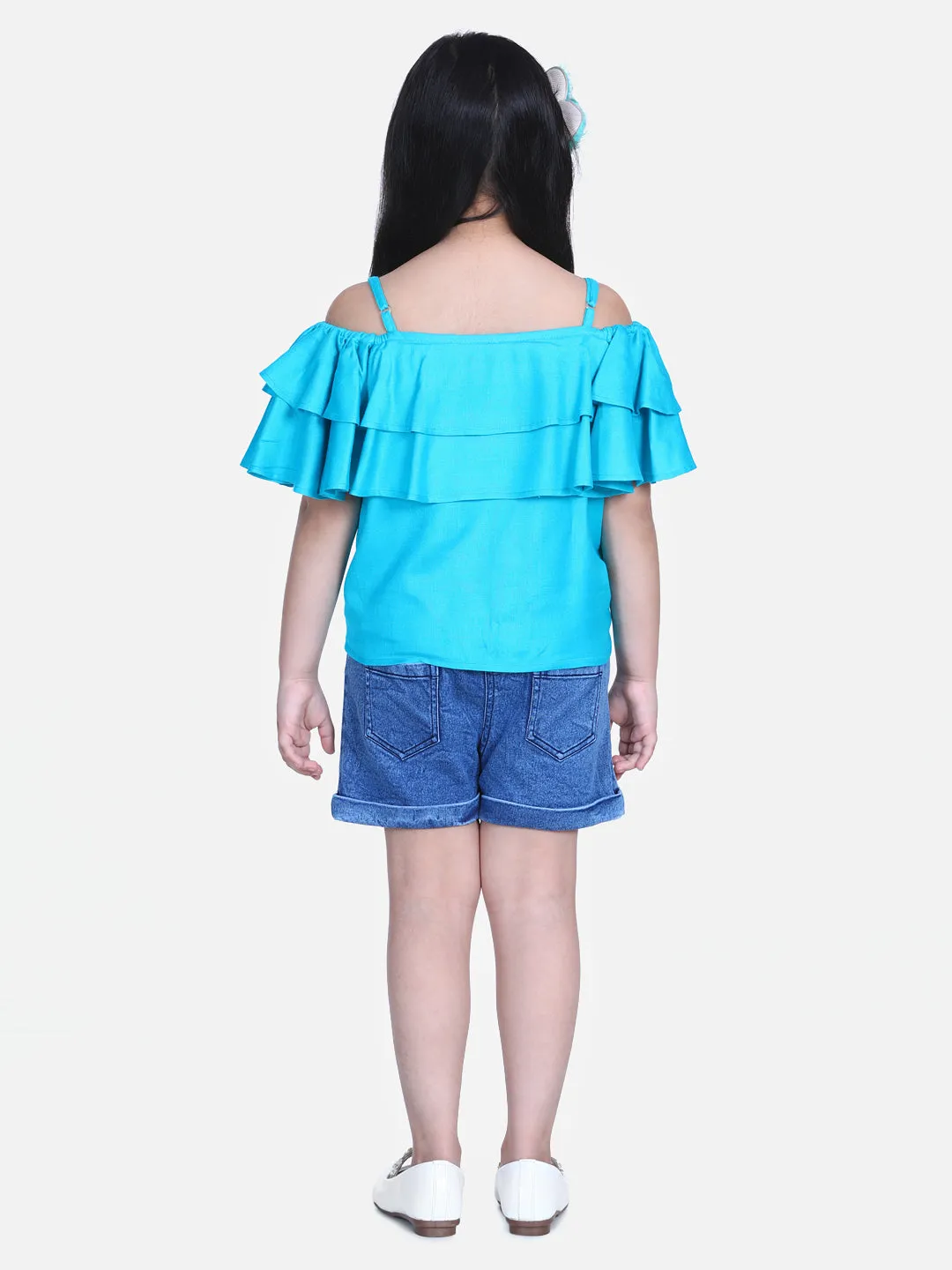 Girl's  Fuchsia Pink Cold Shoulder Top With Denim Shorts - StyleStone Kid
