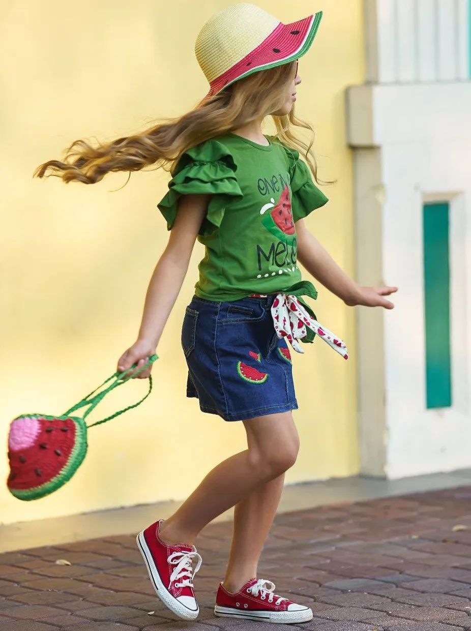 Girls "One in a Melon" Knotted Top and Denim Skirt Set
