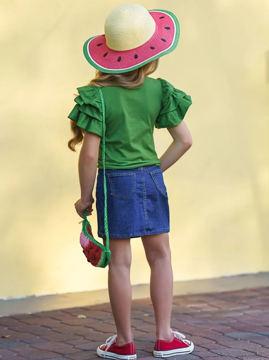 Girls "One in a Melon" Knotted Top and Denim Skirt Set