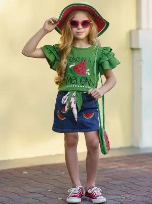 Girls "One in a Melon" Knotted Top and Denim Skirt Set