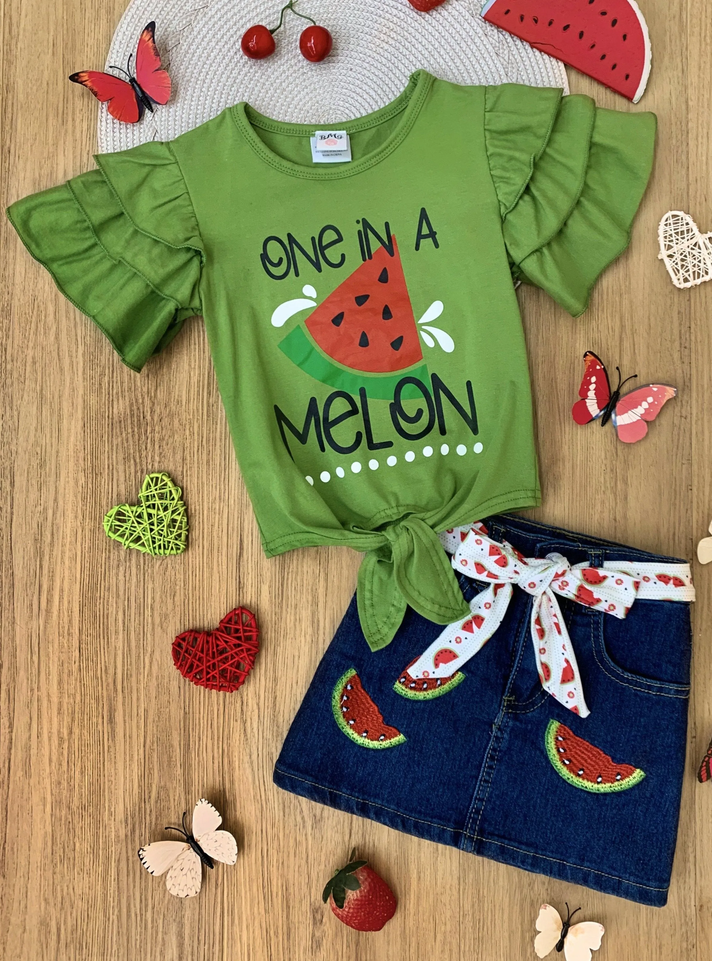 Girls "One in a Melon" Knotted Top and Denim Skirt Set