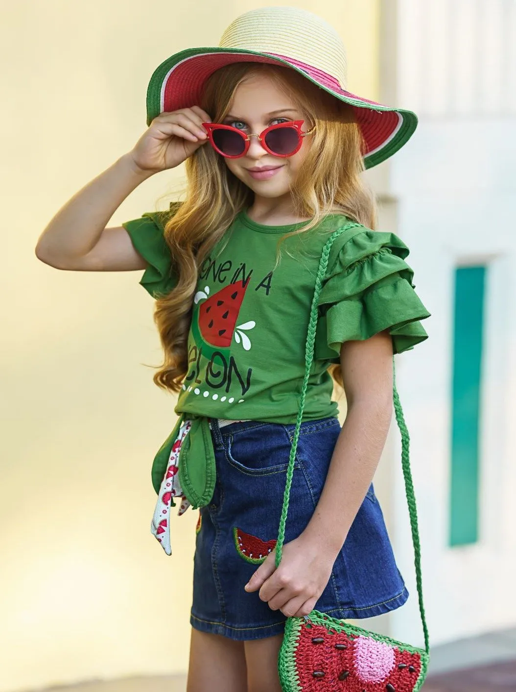 Girls "One in a Melon" Knotted Top and Denim Skirt Set