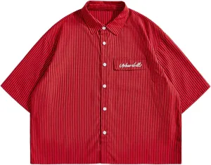 GORGLITTER Men's Striped Crop Letter Graphic Flap Button Down Up Shirt Short Sleeve Collar Top
