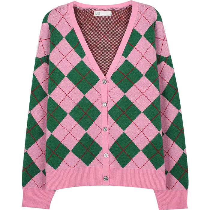 Green & Pink Argyle Pattern Cardigan