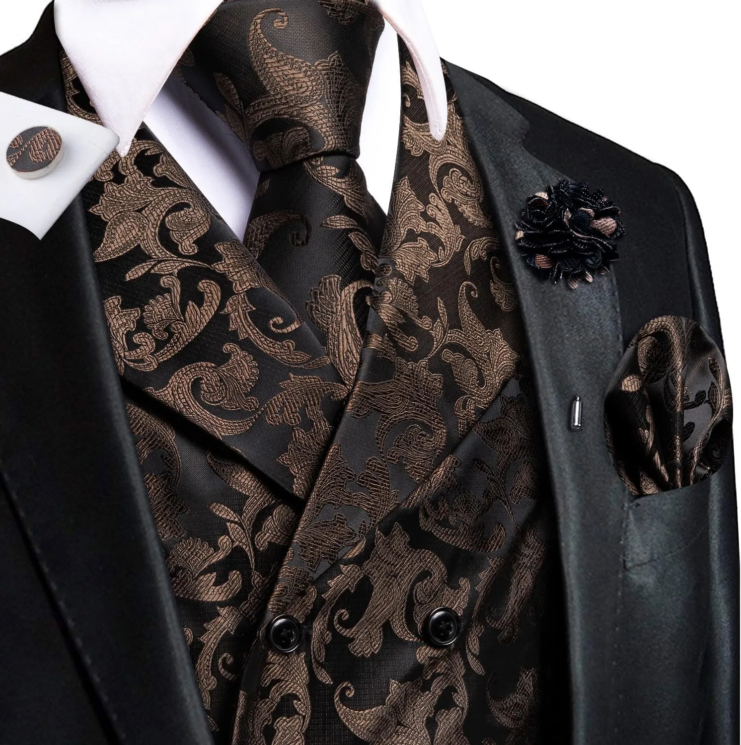 Hi-Tie Double Breasted Suit Vest Men Paisley Floral Waistcoat Tie Lapel Pin Handkerchief Cufflinks Tie Clip Suit Tuxedo 6PCS
