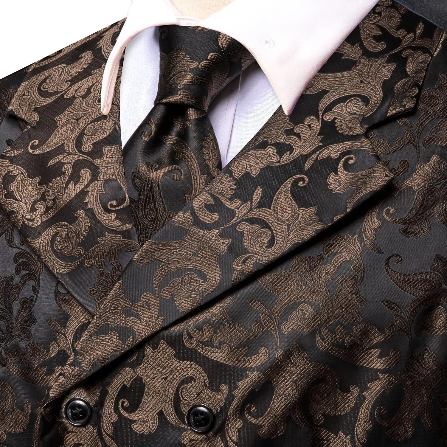 Hi-Tie Double Breasted Suit Vest Men Paisley Floral Waistcoat Tie Lapel Pin Handkerchief Cufflinks Tie Clip Suit Tuxedo 6PCS