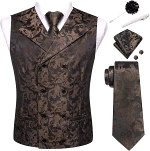 Hi-Tie Double Breasted Suit Vest Men Paisley Floral Waistcoat Tie Lapel Pin Handkerchief Cufflinks Tie Clip Suit Tuxedo 6PCS