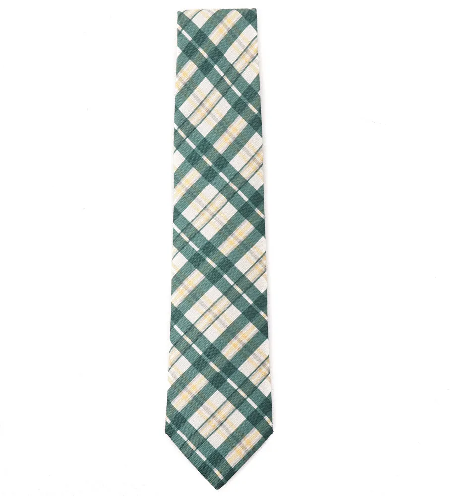 Isaia Green and Yellow Check Print Silk Tie