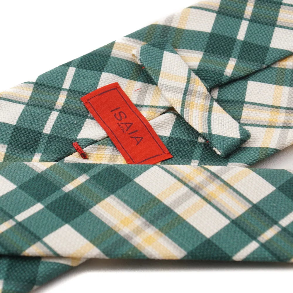Isaia Green and Yellow Check Print Silk Tie