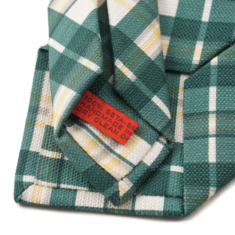 Isaia Green and Yellow Check Print Silk Tie