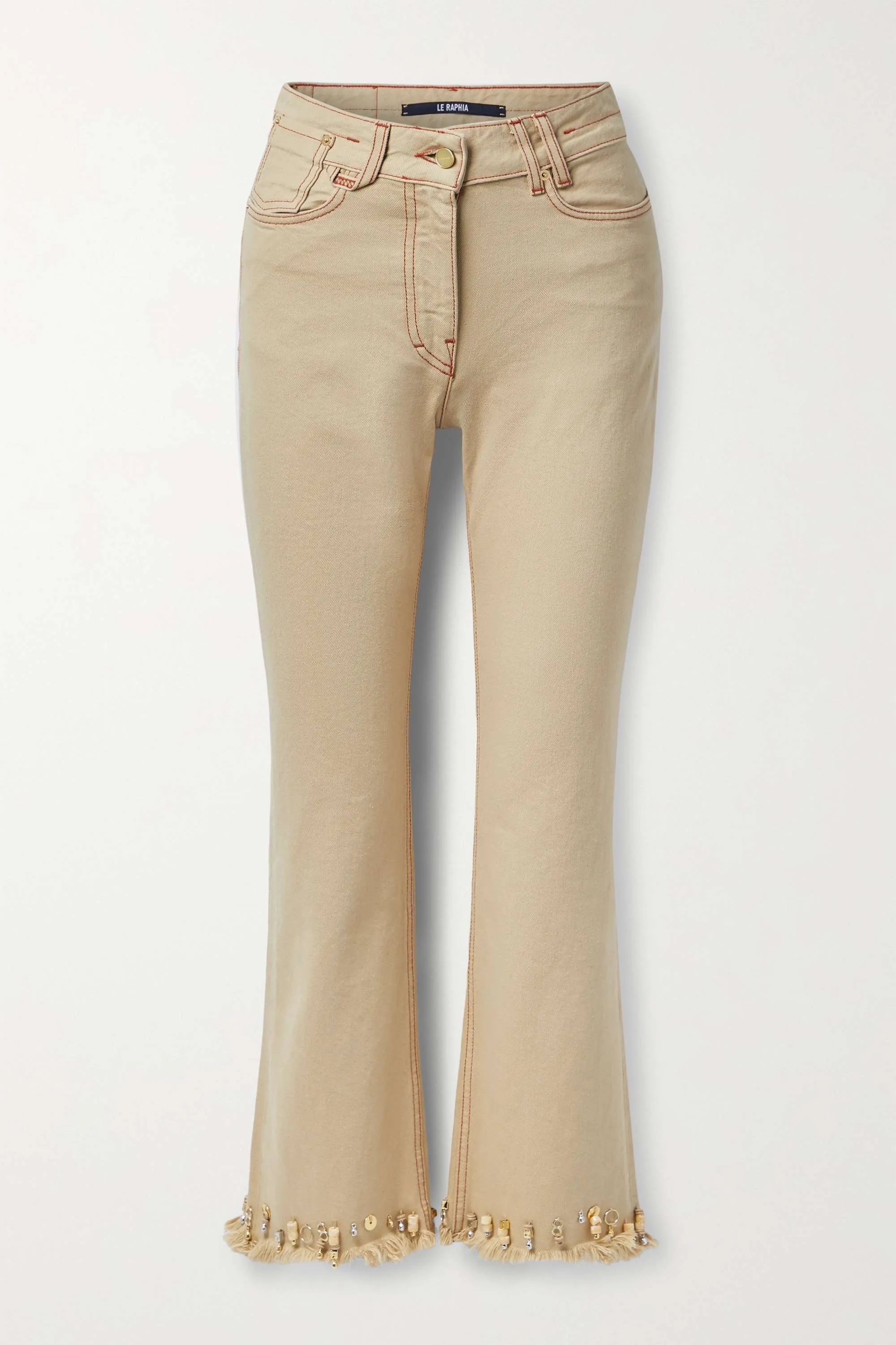 JACQUEMUS Straight fit cropped jeans with fringe and embellishment, beige