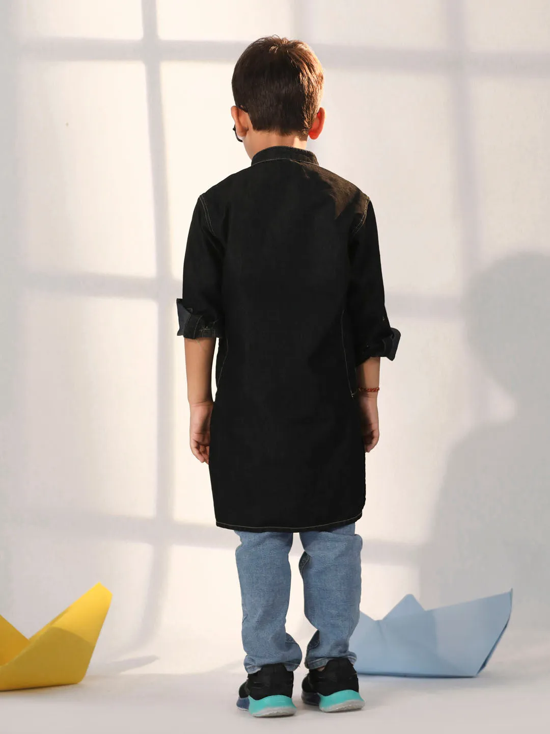Jashvi Boys' Black Denim Kurta