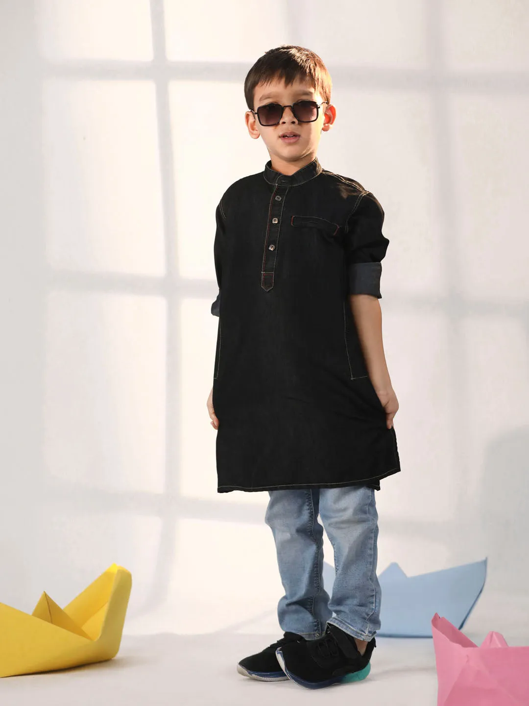 Jashvi Boys' Black Denim Kurta