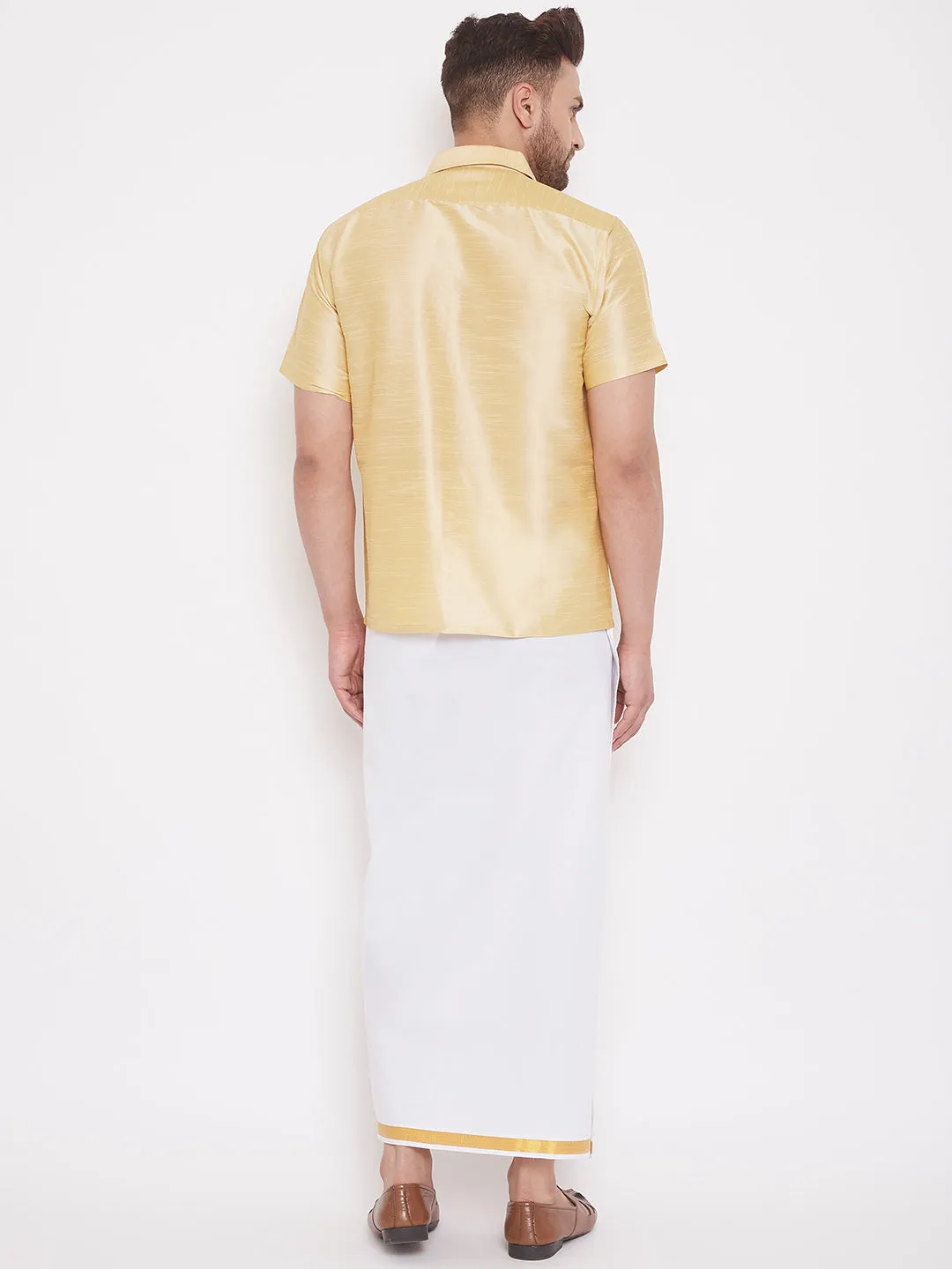 Jashvi Men's & Boys Gold Solid Silk Blend Half Sleeve Ethnic Shirt And Mundu Set