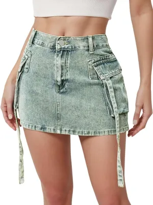 Jean Skirt for Women Denim Skirt Stretchy Y2K Cargo Skirt with Pockets Low Waist Jean Skirts