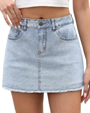 KDF Denim Skort for Women High Waisted Denim Mini Skirt Stretch Women Jean Skirt Shorts with Trendy Frayed Raw Hem