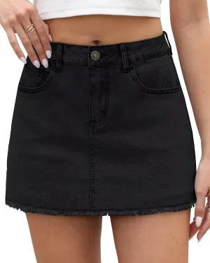 KDF Denim Skort for Women High Waisted Denim Mini Skirt Stretch Women Jean Skirt Shorts with Trendy Frayed Raw Hem