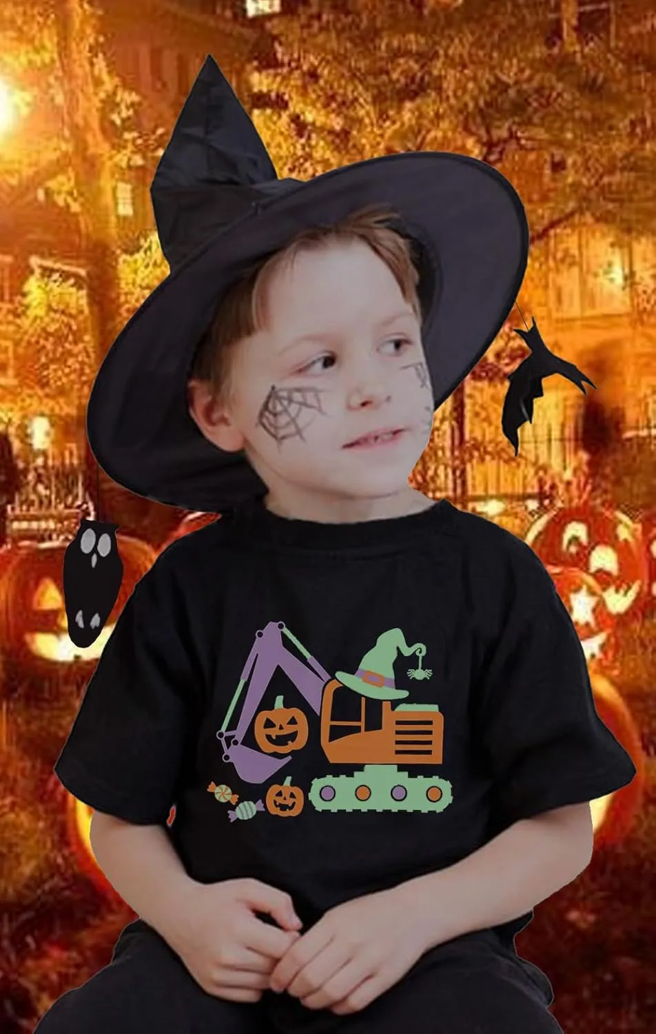 Kids Glow in The Dark Skeleton T-Shirt Toddler Pumpkin Tees Excavator Tops for Boys 2-8 Years