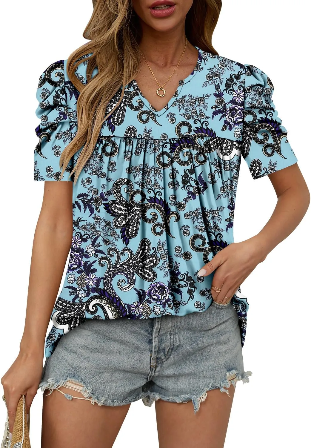 KISSMODA Tops for Womens Summer Cute Short Sleeve Shirts Trendy Notched Neck Blouses Casual Loose Pleated Tunics S-3Xl