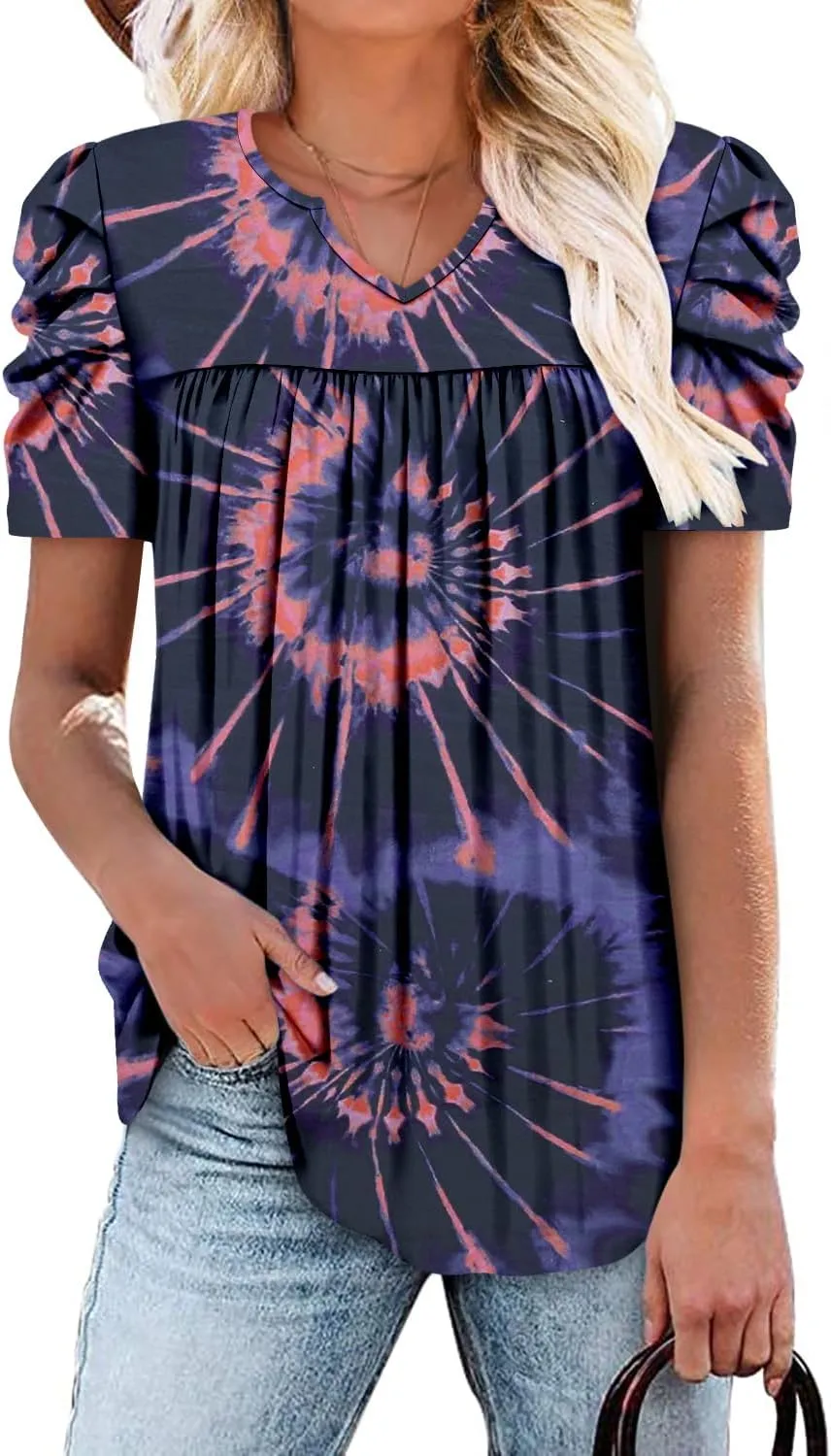 KISSMODA Tops for Womens Summer Cute Short Sleeve Shirts Trendy Notched Neck Blouses Casual Loose Pleated Tunics S-3Xl