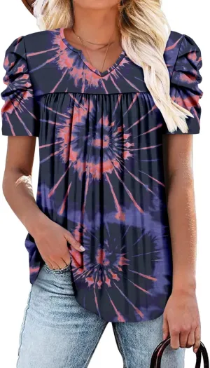 KISSMODA Tops for Womens Summer Cute Short Sleeve Shirts Trendy Notched Neck Blouses Casual Loose Pleated Tunics S-3Xl