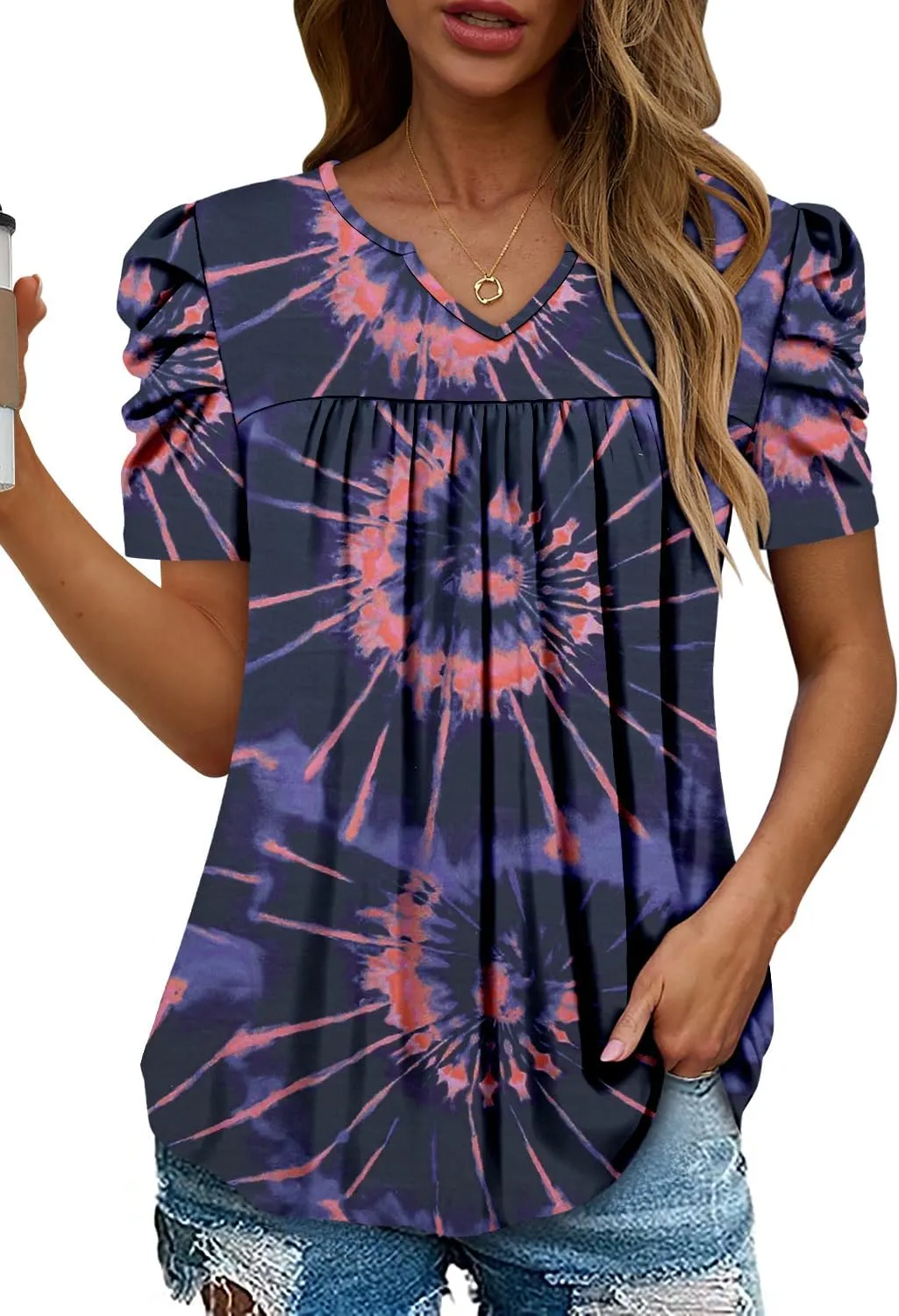 KISSMODA Tops for Womens Summer Cute Short Sleeve Shirts Trendy Notched Neck Blouses Casual Loose Pleated Tunics S-3Xl