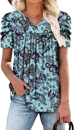 KISSMODA Tops for Womens Summer Cute Short Sleeve Shirts Trendy Notched Neck Blouses Casual Loose Pleated Tunics S-3Xl