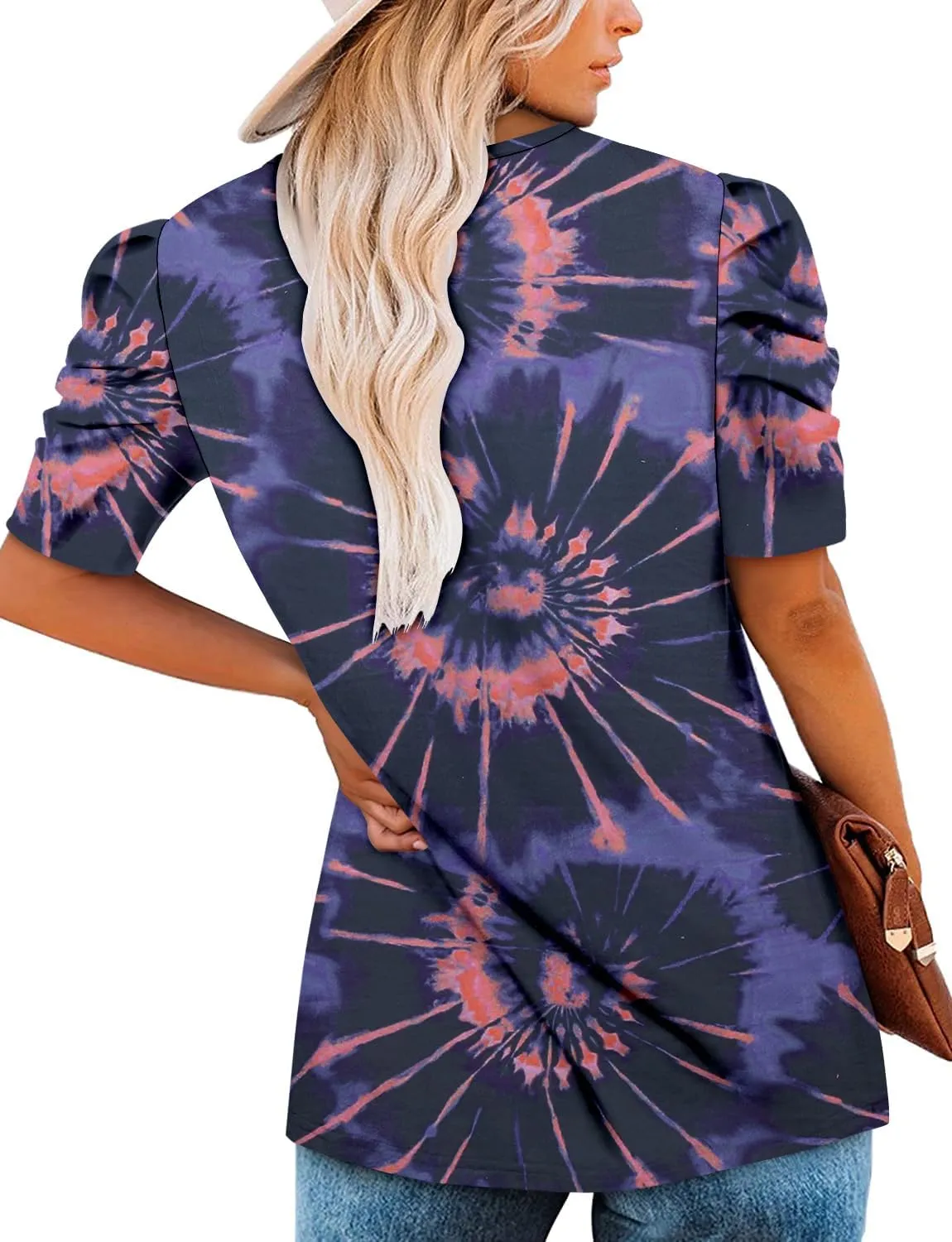 KISSMODA Tops for Womens Summer Cute Short Sleeve Shirts Trendy Notched Neck Blouses Casual Loose Pleated Tunics S-3Xl