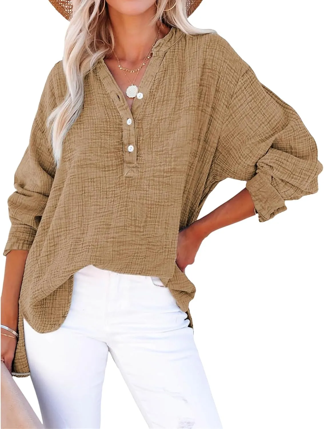 Linen Shirts for Women Casual Button V Neck Long Sleeve Shirts Oversized Dressy Solid Blouses Tops Trendy Summer