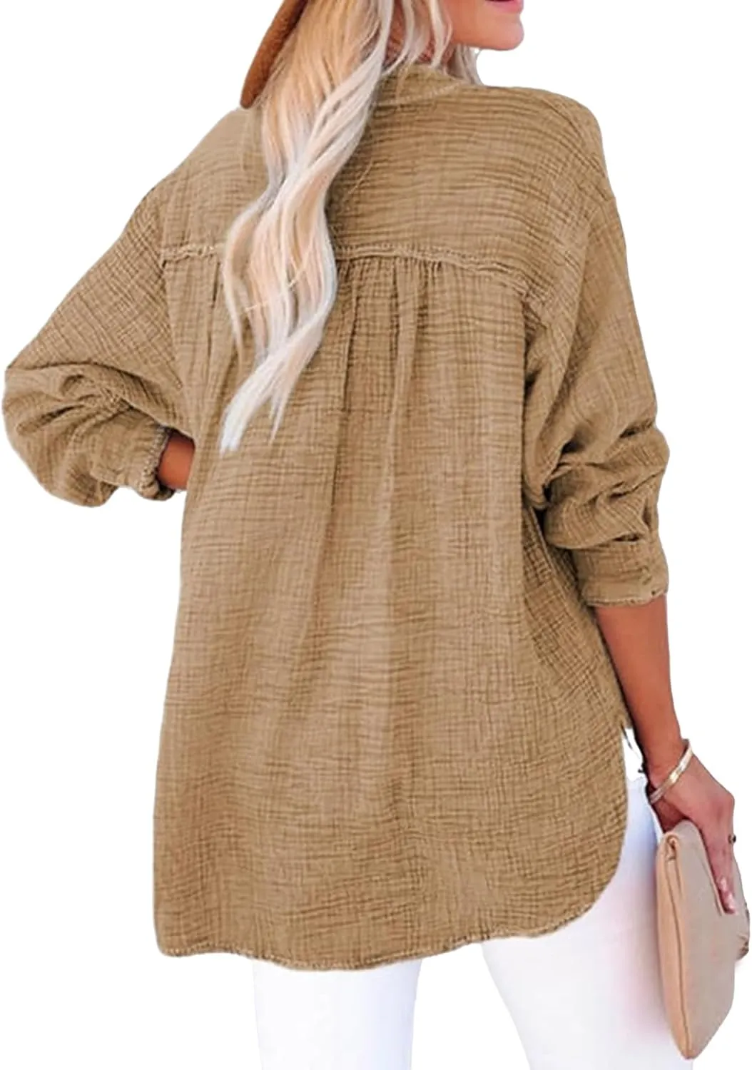 Linen Shirts for Women Casual Button V Neck Long Sleeve Shirts Oversized Dressy Solid Blouses Tops Trendy Summer