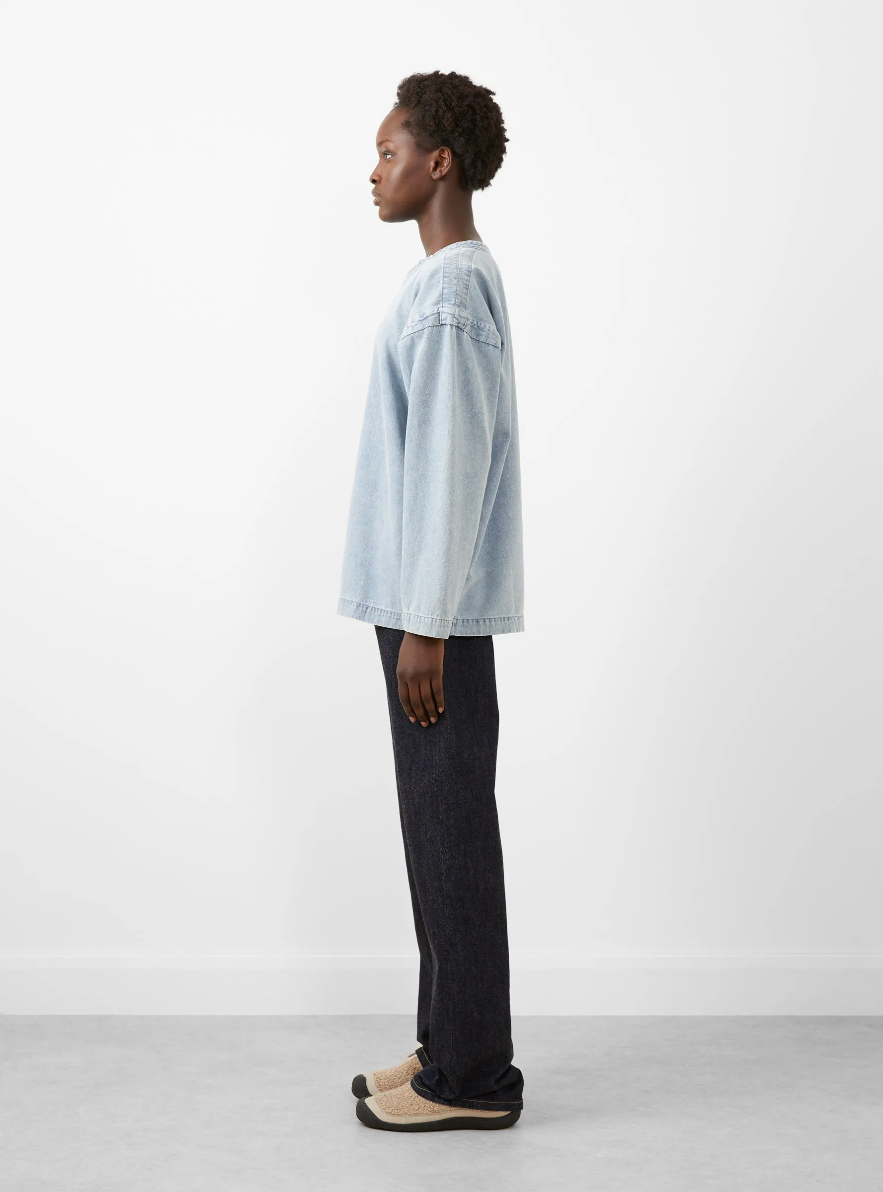 Long Sleeve Pull Over Top Flannel Denim Blue