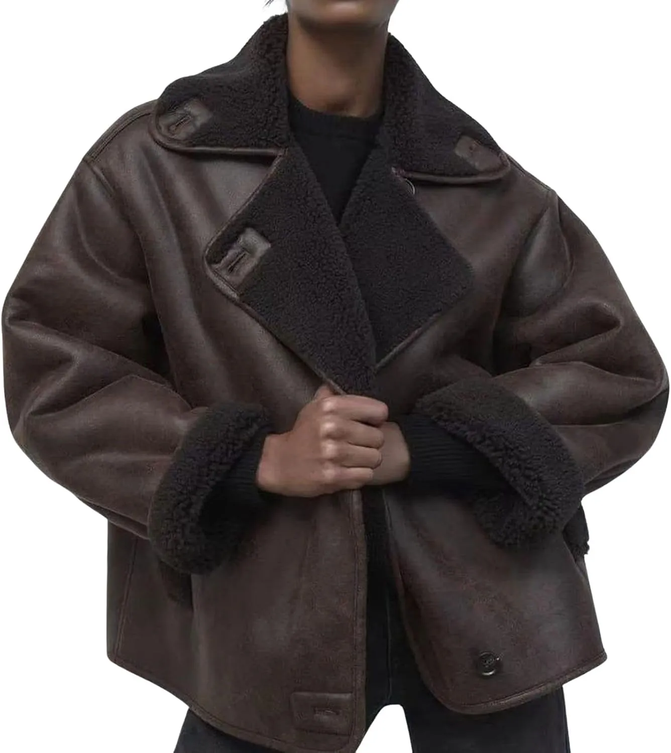 loveimgs Women Thick Sherpa Lined Faux Suede Jacket Oversized Leather Coat Shearling Fleece Moto Jacket Biker Winter Overcoat