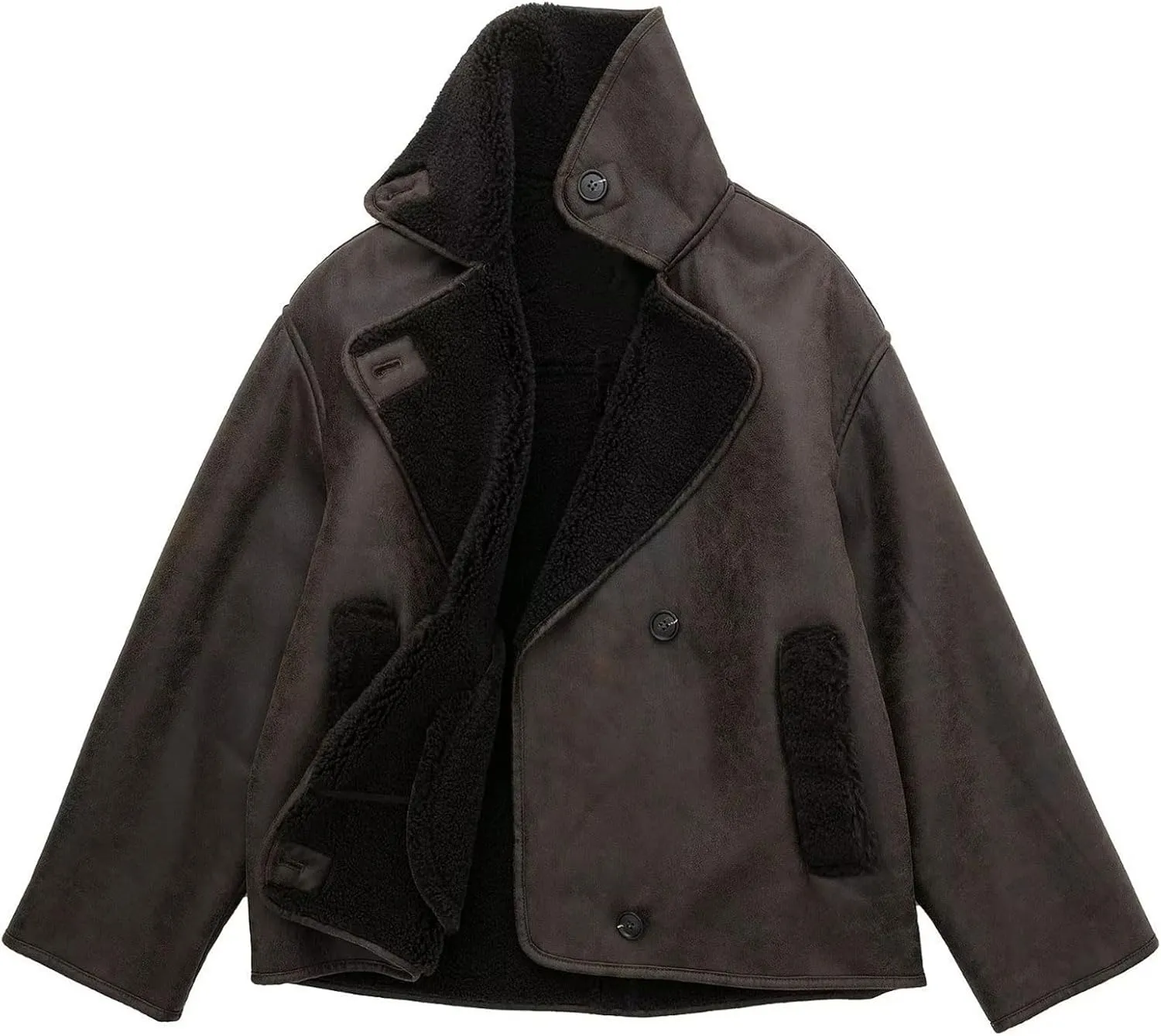 loveimgs Women Thick Sherpa Lined Faux Suede Jacket Oversized Leather Coat Shearling Fleece Moto Jacket Biker Winter Overcoat