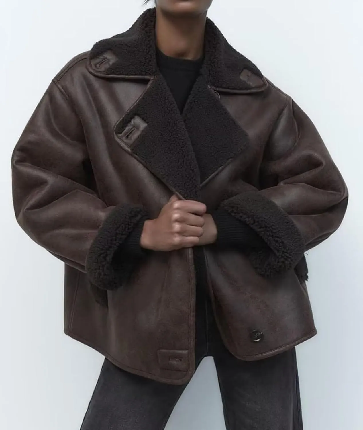 loveimgs Women Thick Sherpa Lined Faux Suede Jacket Oversized Leather Coat Shearling Fleece Moto Jacket Biker Winter Overcoat