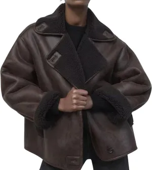 loveimgs Women Thick Sherpa Lined Faux Suede Jacket Oversized Leather Coat Shearling Fleece Moto Jacket Biker Winter Overcoat