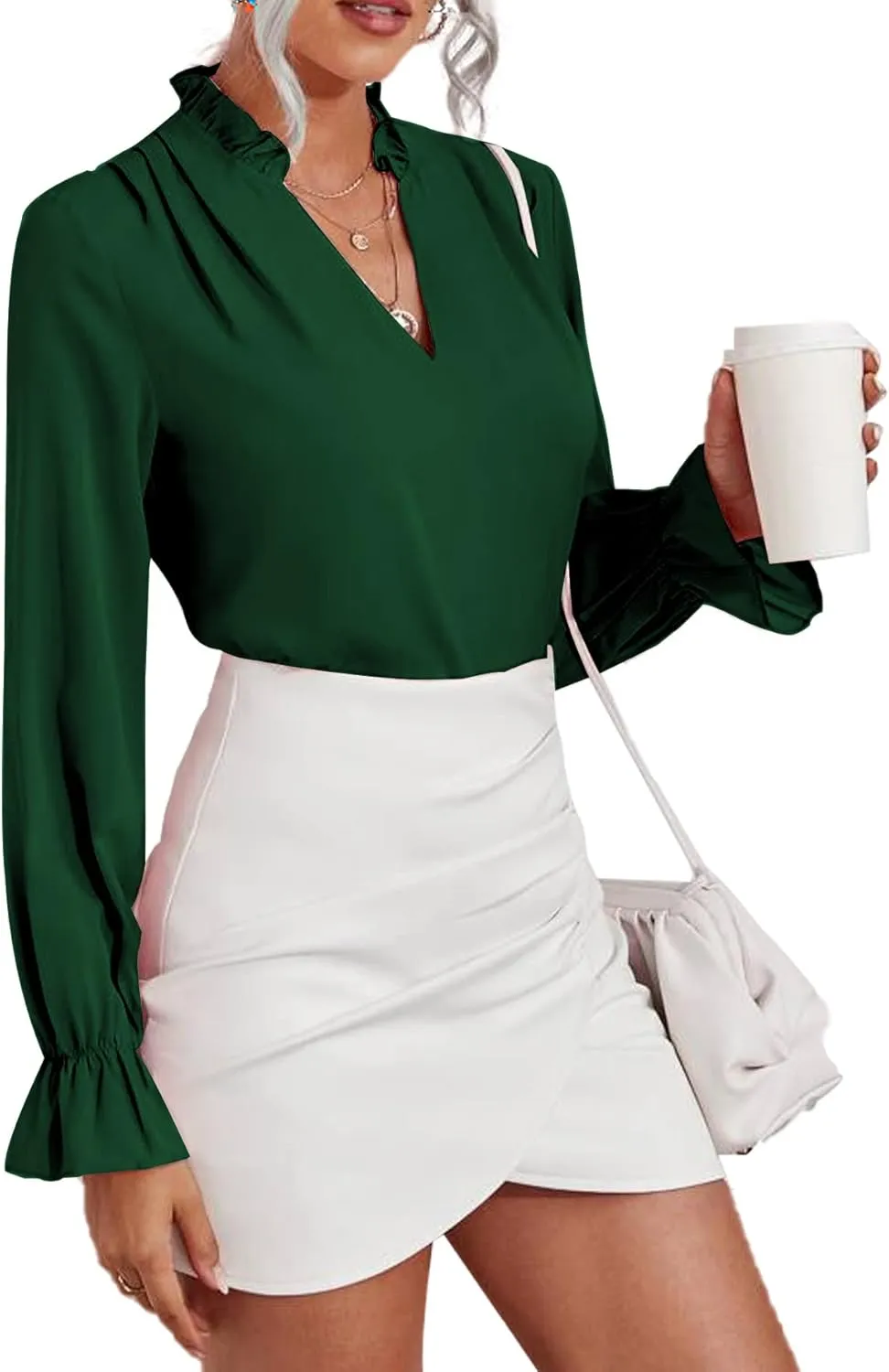 LYANER Women's Ruffle V Neck Solid Long Sleeve Chiffon Blouse Shirt Top